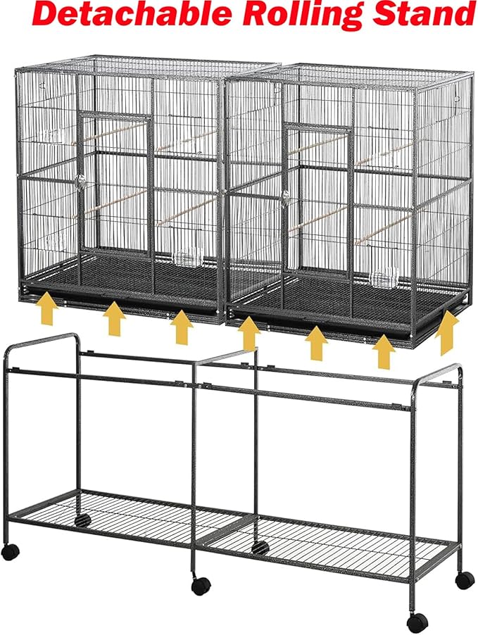 64" Extra Large Double Flight Bird Wrought Iron Double Cage Slide Out Center Divider Side Nesting Box Door Parrot Cage Cockatiel Conure with Removable Rolling Stand Storage Shelf