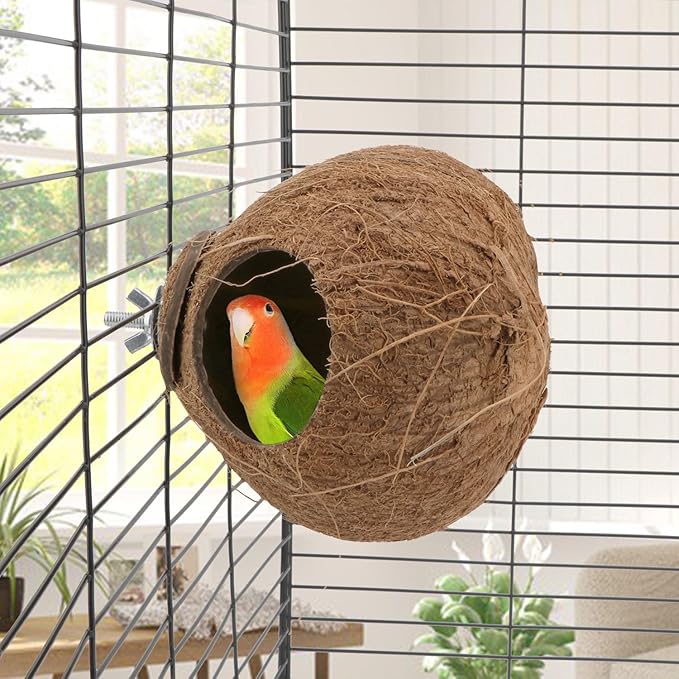 Hypeety Pet Bird Breeding Nest Coconut House Swing Ladder Toys Parrot Parakeets Finches Hamster House Natural Nest Lovebird Cage Hanging Swing Perch (C:Coco Cage Perch Toy)