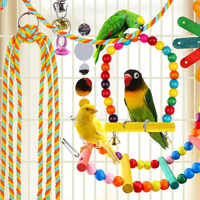 QUOZUO 8 pcs Bird Toys for Parakeets with Colorful Ladder Hammock Bird Cage Accessories Bird Perch Stand Chewing Toys Hanging Bell Parrot