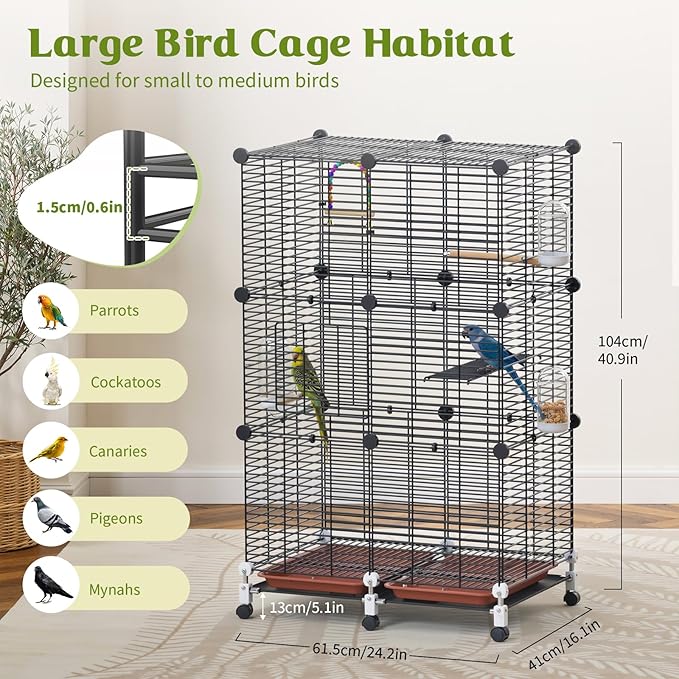 Pawaboo Bird Cage, 24.2''L x 16''W x 41''H Flight Cage with Slide-Out Tray, Waterer & Feeder, 360° Movable Metal Breeding Bird Cages with Stand & Perch for Parrot Parakeets Cockatiel Lovebird Finch