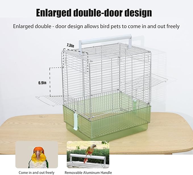 304 Stainless Steel Travel Bird Cage, 17 Inch Foldable Carrier for Conures Cockatiels Grey Parrots Caiques, with Aluminum Handle Perch (Green, Large Birdcage)