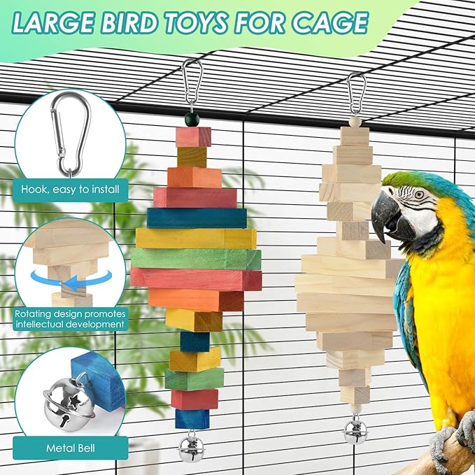 DBNESS 2 Pcs Bird Toys, 15.94in Large Parrot Foraging Toys for Beak Grinding, Wooden Block Bird Chewing Toys for Macaws Eclectus Cockatoo African Greys Amazon Parrots