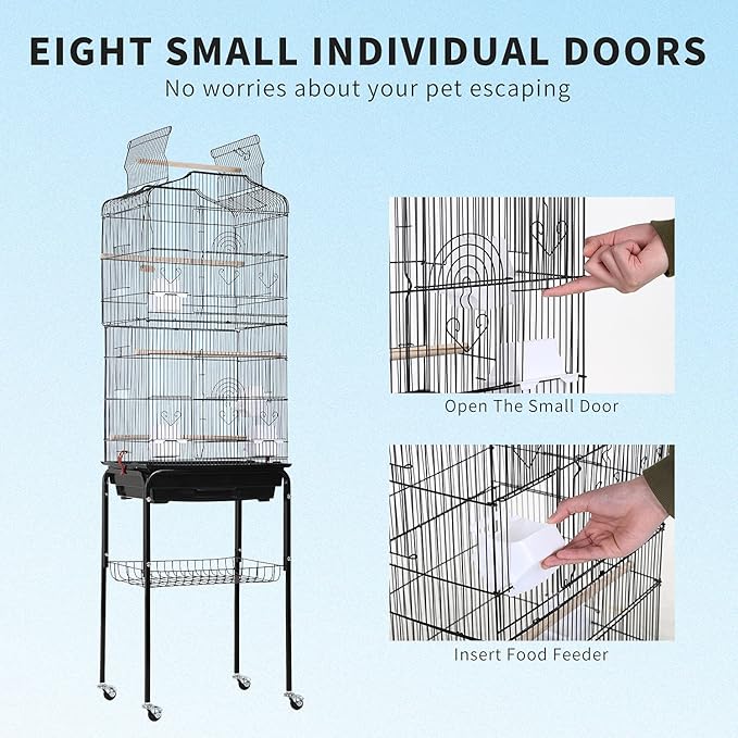 HCB 64-Inch Open Top Standing Bird Cage with Rolling Stand for Parrots Lovebirds Parakeets Cockatiel Medium Small Bird Cage, Black, 64 Inch (Pack of 1)