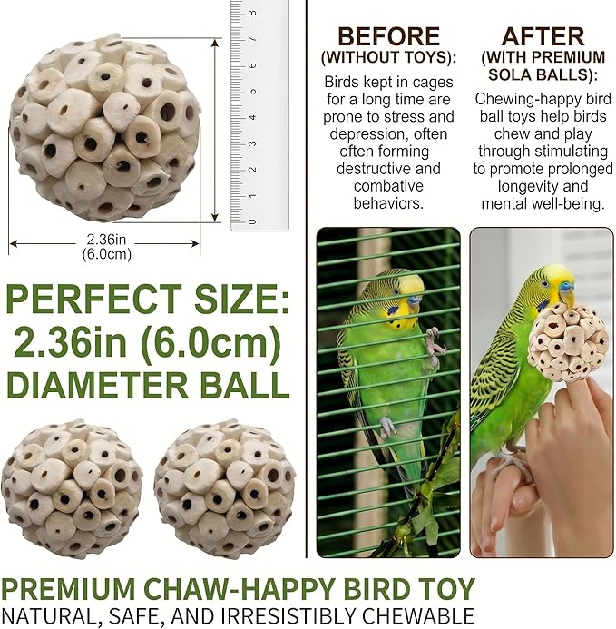 6PCS Sola Ball Bird Toys Bird Foraging Toy Natural Sola Plant Material for Small Birds Parakeets,Conure,Love Birds and Hamsters Small Pets,2.36inch Natural Sola Atta Balls for Pet Chew Toys