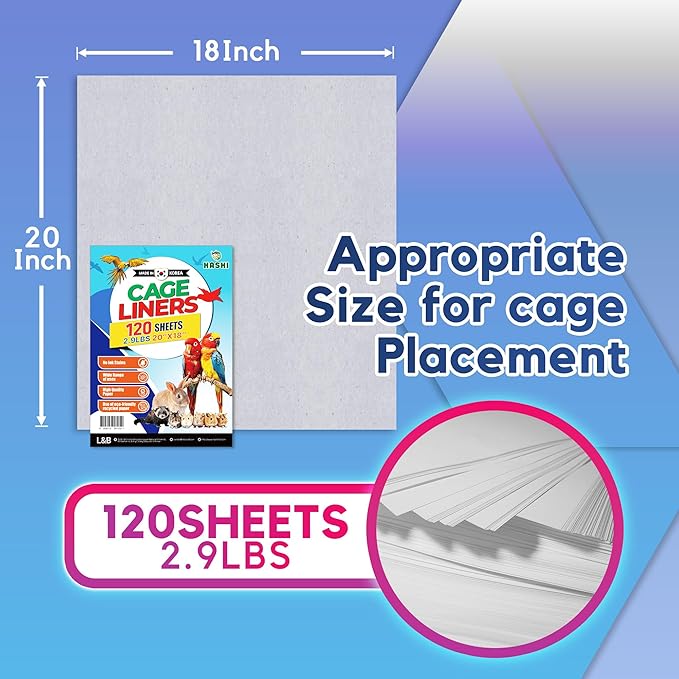 HA SHI Bird Cage Liners, 120 Disposable Newsprint Sheets, Unscented Paper for Pet Enclosures, Packing and Crafts (Standard (20" x 18"))