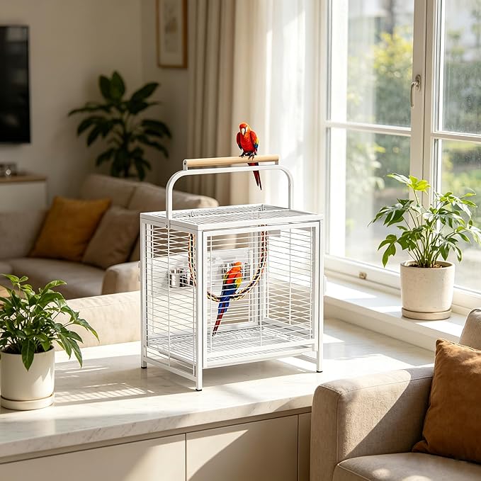 VINGLI Small Bird Cage, 25 inch Travel Carrier Bird Cage with Handle, Wrought Iron Parakeet Cage with Wooden Perch for Parrot Lovebirds Finches Small/Medium Birds (White)