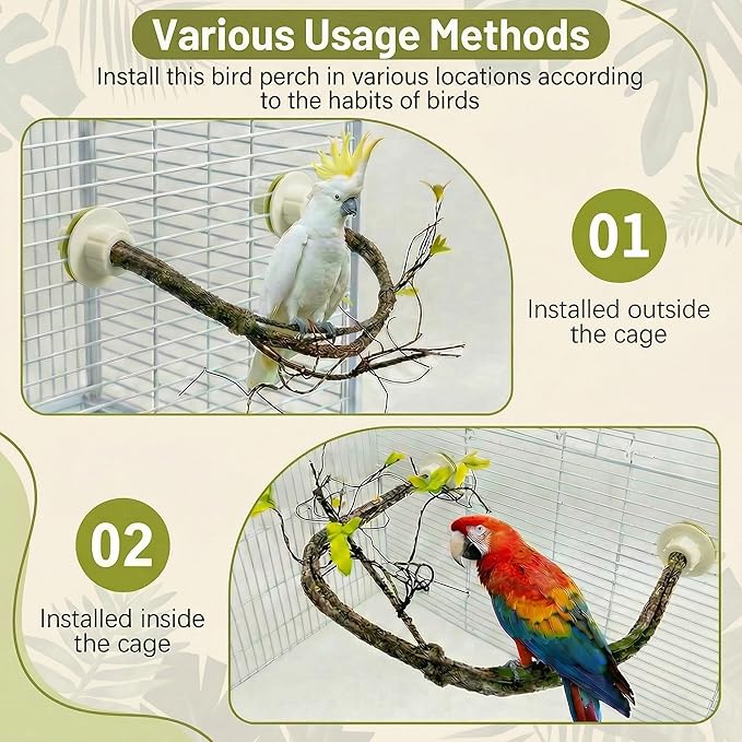 Large Natural Bird Perch for Cage, Bendable Tree Branch Parrot Perch Stand with Leaf Design, Bird Cage Accessories for Macaw, African Grey Parrot, Cockatiel, Cockatoo (Large)