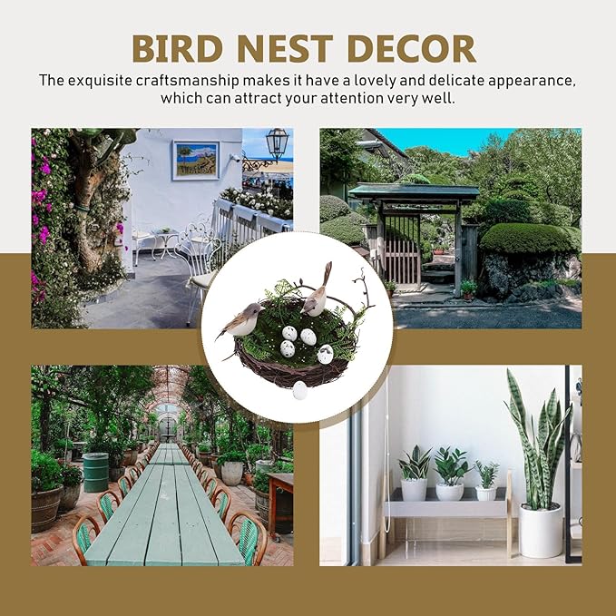 NUOBESTY 1 Set Artificial Bird Nest with 5 Simulation Eggs, Decorative Rattan Nest Ornament for Garden Patio Balcony Home Crafting