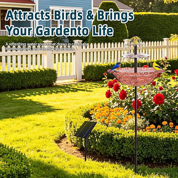 Bird Bath Fountain Solar for Outside, Outdoor Water Fountain Plastic, Attracts Birds with Cascading Spray for Yard & Patio (Pink)