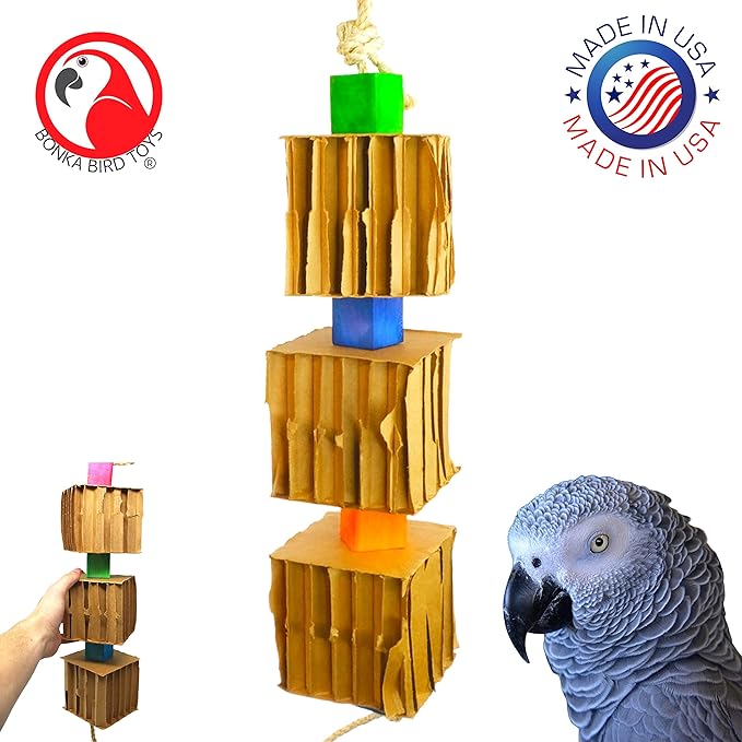 Bonka Bird Toys 3749 Big Trio Blocks N Cube Wooden Chew Toy with Rope and Blocks for Medium to Large Birds Cage Play