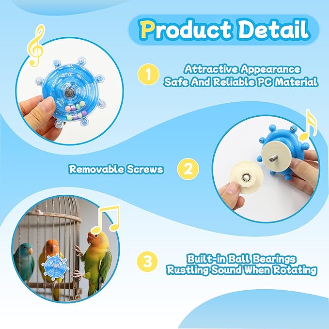 2 Colors Bird Toys for Parrots, Small Bird Cage Toys with Spinning Rattle, Hanging Roller Parakeet Cage Accessories for Chewing Exercise, Budgie Entertainment (Pink and Blue)