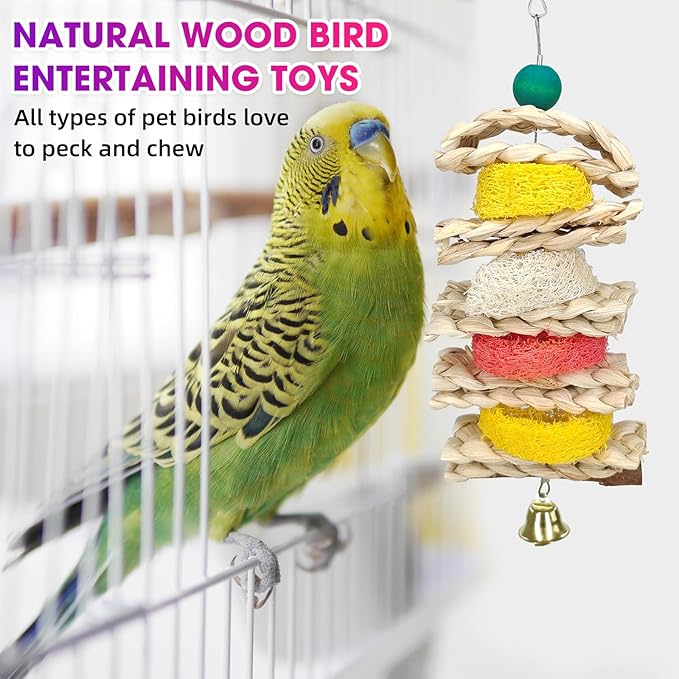 JOREWOOD 7 Pcs Natural Wood Bird Toy & Perch for Parakeets, Cockatiel & Lovebird, Budgie Play Accessory for Small Parrots Indoor Cage