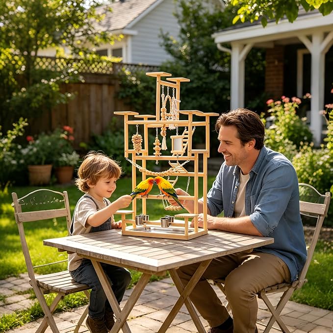 VELVETPAW Bird Playground – 7-Level Natural Wood Parrot Playstand with Feeders & Toys, Modular Two-Tier Bird Play Gym, Detachable Top Tabletop Stand & Detachable Top Tabletop Stand