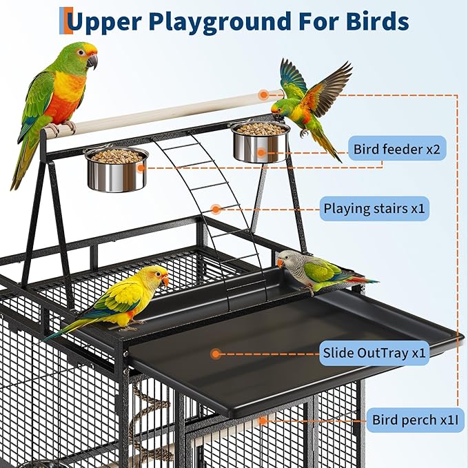 67-Inch Playtop Wrought Iron Large Parrot Bird Cages with Rolling Stand for Cockatiels Parrot Quaker Conure Parakeet Lovebird Canary Small Medium Parrot Cage Birdcage, Black
