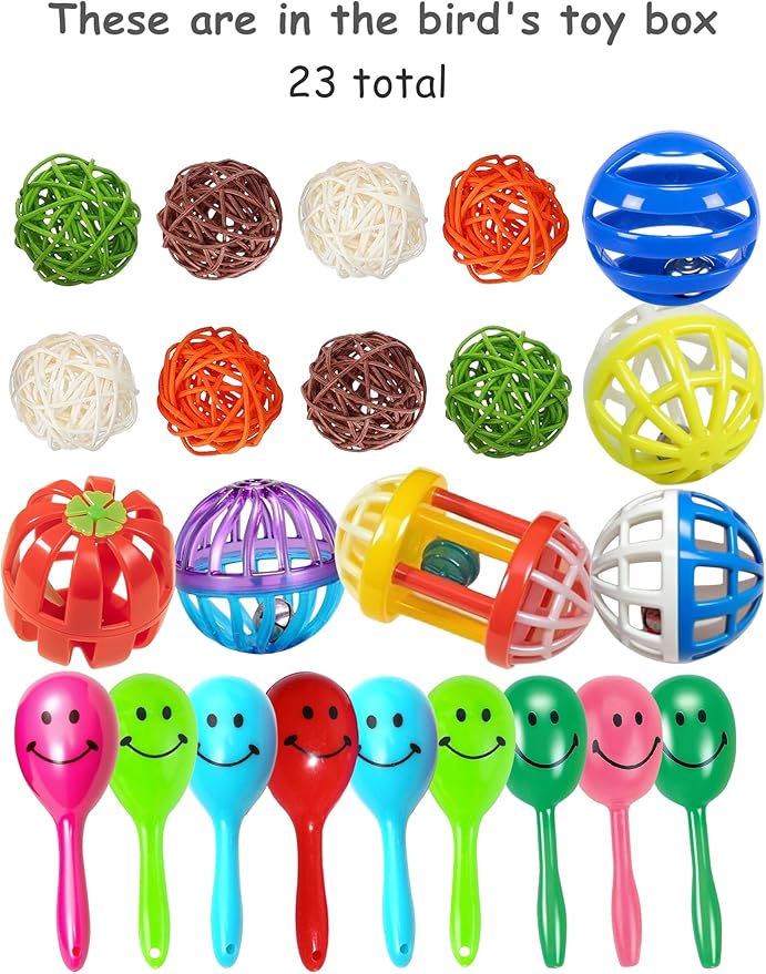 23 Pcs Bird Toys Set for Parakeet Budgie Parrot Colorful Bell Rattan Balls Safe Non-Toxic for Small Large Birds