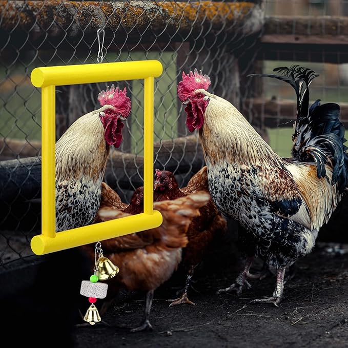 1 Pieces Chicken Mirror Toys Large 12 x 10 Inch Hanging Swing Mirror with Bell Wooden Pecking Toy and 2 Pieces Beak Grinding Molar Stones for Hens Birds Parrots Coop Roosters(Yellow)