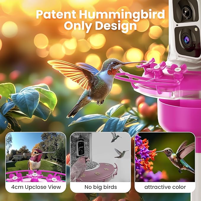 Soliom Hummingbird Feeder with Camera, Smart Feeder Camera with 2K Live View AI Identify, Leak Proof&Ant Moat&Bee Proof, Outdoor Pole/Hook Hanging, Ideal Gift for Family, 16 OZ with Solar Panel Pink
