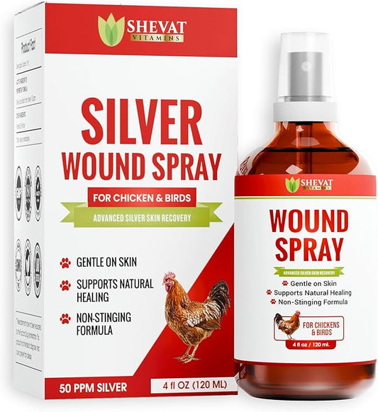 SHEVAT VITAMINS Silver Wound Spray for Chickens & Birds – Gentle Skin Relief for Scrapes, Cuts, Rashes & Irritation – Non-Stinging, Alcohol-Free, Safe for Feathers & Skin – 120ml (4oz)