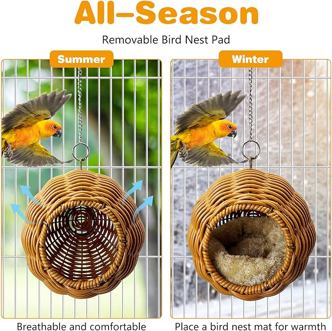 Rattan Birds Nest for Cage Hanging Parakeet House Chewproof Parrot Breeding Bed Small Budgies Hideout Swing Hut Bird Cage Accessories for Lovebirds Cockatiel Conure Finch Canary (Brown)