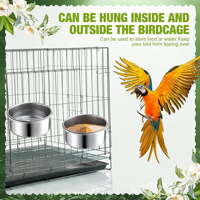 Sabary 6 Pack Bird Feeding Bowls Cups, Parrot Food Water Dishes Stainless Steel Bird Food Bowls with Clamp 10oz Birds Water Feeder for Parakeet Conure Cockatiel Lovebird Budgie Chinchilla Small Animal