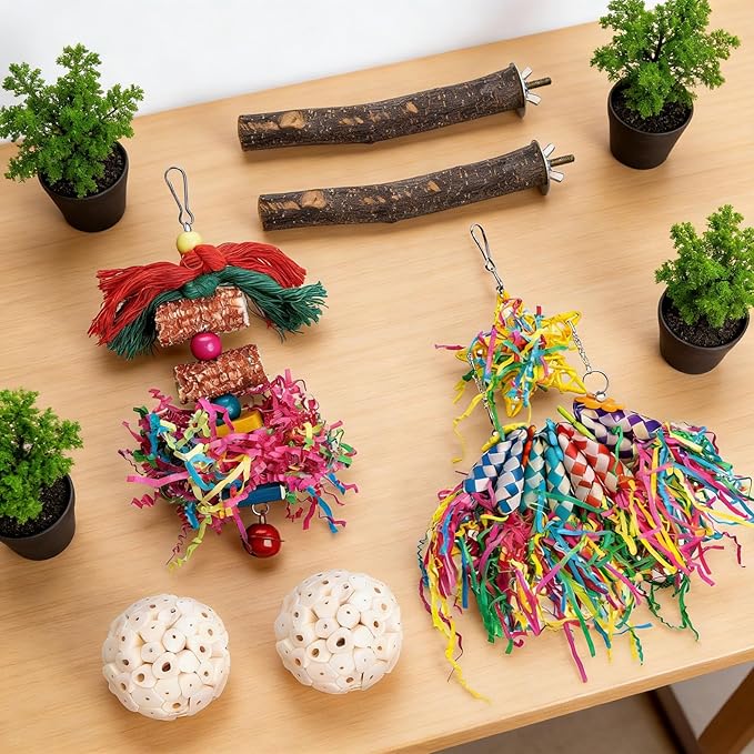 6-in-1 Bird Toy, 2 Natural Wood Stands, 1 Hanging Foraging Shredder Toys with Colorful Paper, 2 Soft Sola Balls for Chewing | Cage Accessories for Parakeets, Cockatiels, Lovebird(PET-ONLY USE)