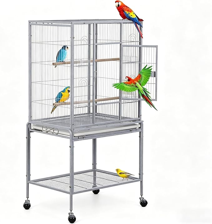 53 Inch Height Wrought Iron Standing Parrot Large Flight Bird Cage with Rolling Stand Birdcages for Parakeet Cockatiel Conure Lovebird Finch, White