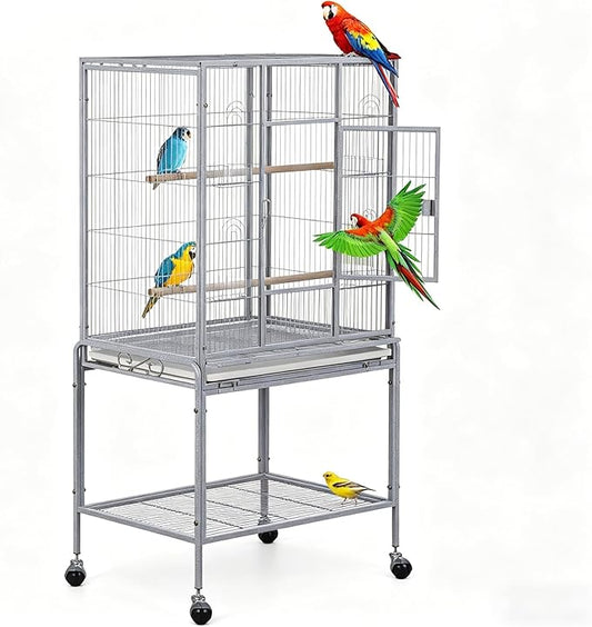 53 Inch Height Wrought Iron Standing Parrot Large Flight Bird Cage with Rolling Stand Birdcages for Parakeet Cockatiel Conure Lovebird Finch, White