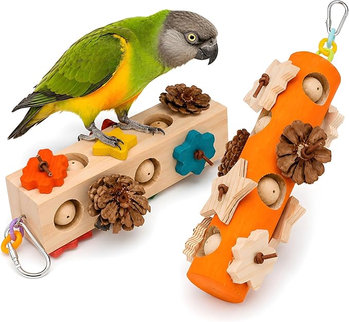 Bird Foraging Toy Parakeet Enrichment Puzzle Parrot Foraging Toys Wooden Blocks with Pine Cones Chew Play for Budgies Cockatiels Conures Quaker Small to Medium Birds