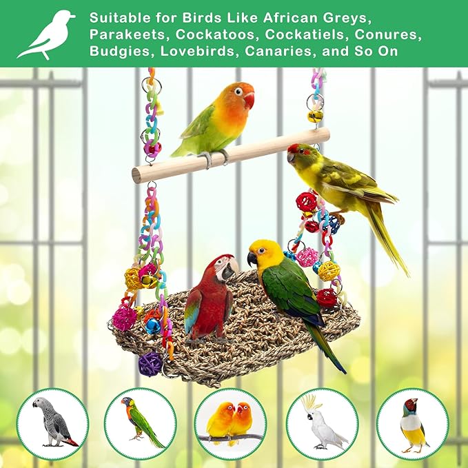 Bird Swing Mat with Wood Perch, AHIER Seagrass Bird Hammock for Conures with Chewing Toy for Parakeets, Budgie, Cockatiel Cage Accessories