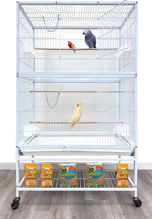 Extra Large Sturdy Wrought Iron Metal Parrot Bird Flight Breeder Home Cage Double Large Front Doors 4 of Side Breeding Nest Doors Rolling Stand with Extra Storage Shelf Lockable Heavy Duty Wheels