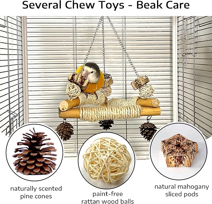 Bird Swing for Cage with Chew Toys, 3 Sisal-Wrapped Parrot Perches & Stable Triangle Design, Wooden Hanging Parakeet Toys Swing for Cockatiel Lovebirds Conures Quaker Balance Training (S)