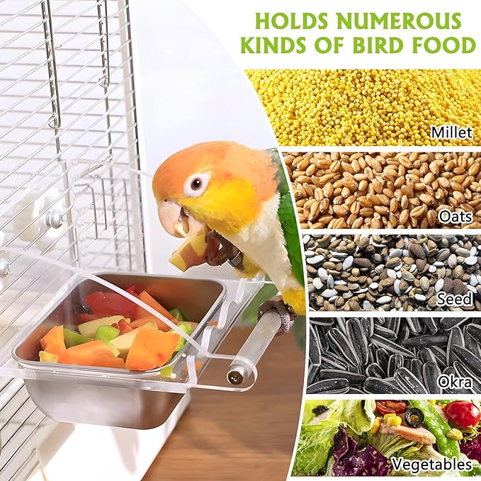 BNOSDM Bird Feeder for Cage with Stainless Steel Food & Water Bowl Acrylic Parakeet Seed Dishes with Anti-Slip Perch Stand for Parrot, Cockatiel, Lovebird, Canary, Finch,Conure,Cockatoo, Pigeon