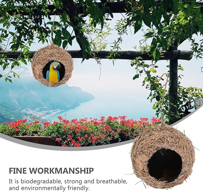 BESPORTBLE Hanging Straw Bird Nest, Outdoor Decorative Birdhouse for Garden, Micro Landscape Adornment, Safe Shelter for Birds, Coffee, 3.93 X 3.93 X 3.54 Inches