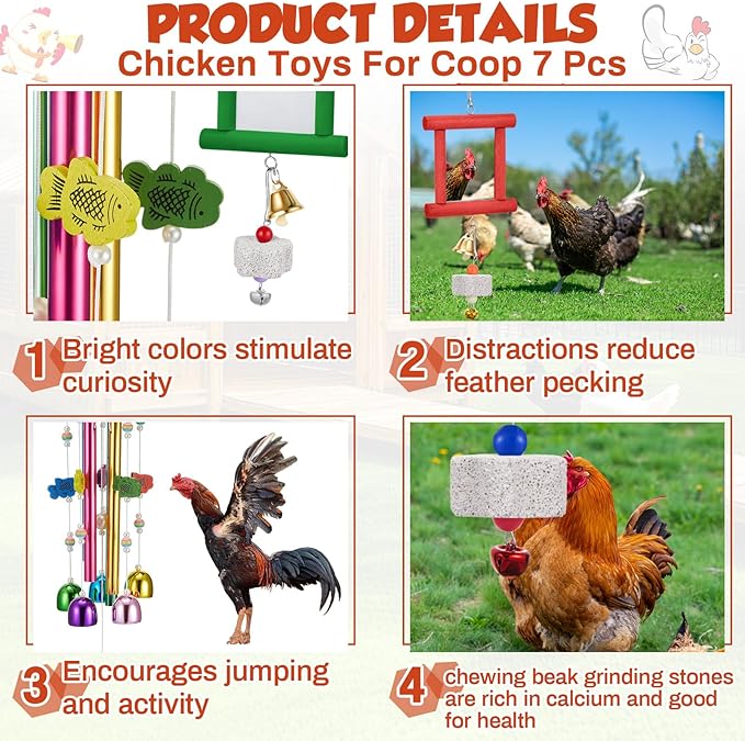 VioraWhite 7 Pcs Chicken Toys, Hanging Chicken Wind Chime, 2 Pcs Coop Mirror Toys with Bells 4 Pack Beak Grinding Stones, Musical Coop Accessories for Hen Rooster Chick Poultry Bird(Rose Red, Green)
