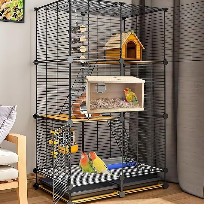 PINVNBY Parakeet Nesting Box, Detachable Board Acrylic Bird House for Cage with Coconut Fiber, Natural Wood Breeding Box for Cockatiel Budgie Lovebirds Conure Finch Parrot (M: 9.8 * 5.3 * 5.3 inch)
