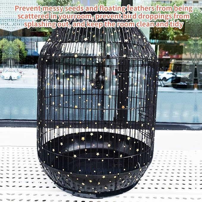 2-Piece Universal Bird Cage Cover in Black and White with Stars and Moon Patterns, Adjustable Soft and Breathable Nylon Net Cover,Bird Cage Seed Catcher Parrot Cage Net Skirt.