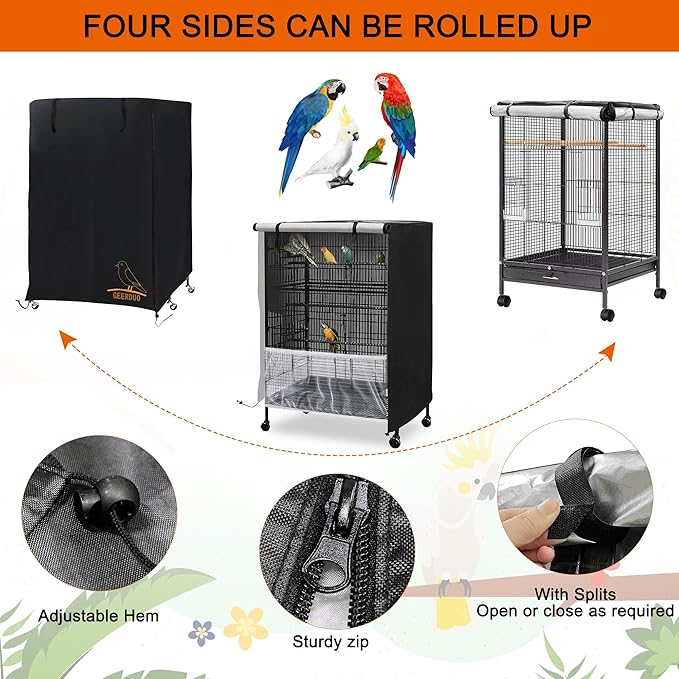 Bird Cage Cover, 600D Universal Parrot Cage Cover for Night, 100% Shading Oxford Cloth with Waterproof PU Coating Layer, Adjustable Soft Airy Nylon Mesh Net