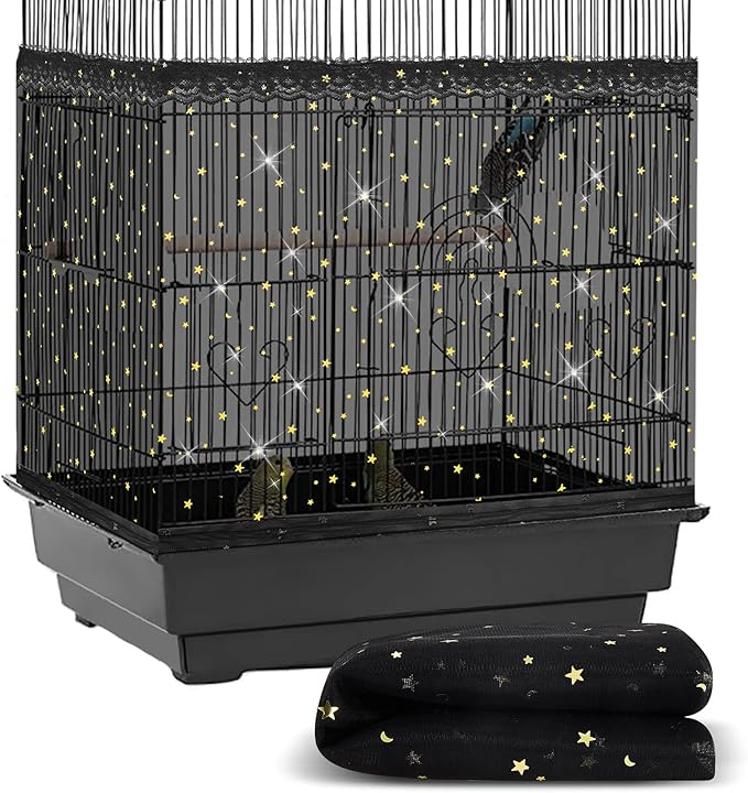 Shappy Large Bird Cage Cover Birdcage Nylon Mesh Net Cover Seed Feather Catcher Twinkle Star Universal Birdcage Cover Bird Seed Guard Skirt for Parakeet Macaw African Round Square Cage (Black, L)