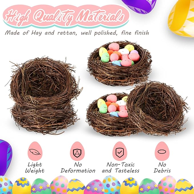Simgoing 12 Pcs Birds Nests with 100 Pcs Easter Eggs, Mini Artificial Bird Nest for Crafts, Easter, Party, Wedding, Faux Rattan Nest Decorating(3.9 Inch)