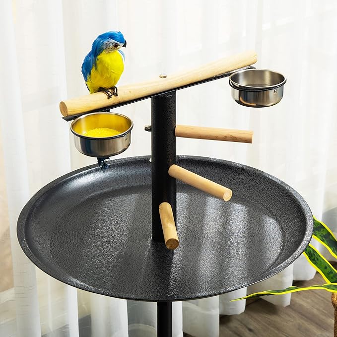PawHut Bird Play Stand, Portable Parrot Perch, Bird Feeder Station, with Four Wheels, Stainless Steel Feeding Bowls, Round Tray, Grey