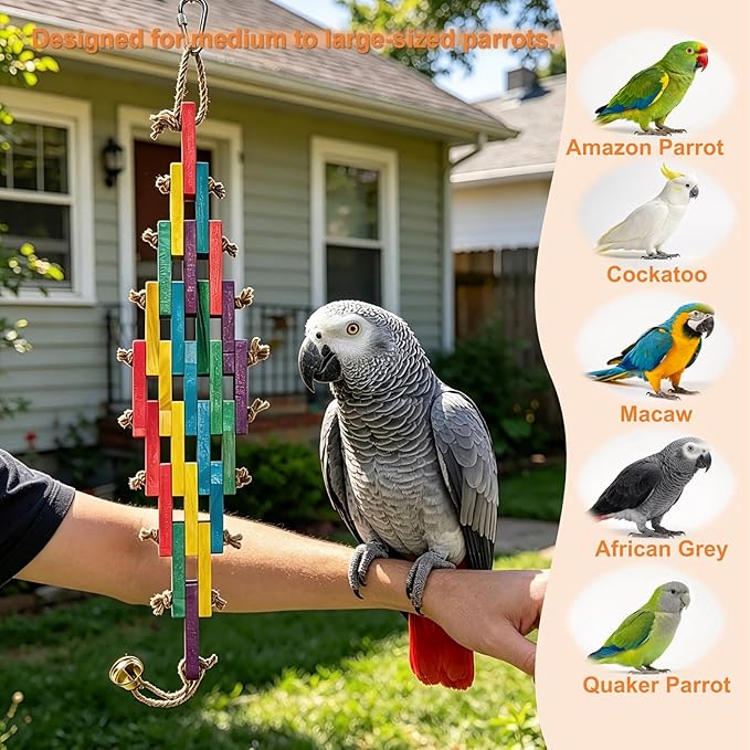 Wooden Bird Toy for Large Parrots – Natural Chewing Blocks with Locking Carabiner (Nut Tightening) for Macaws, Cockatoos, African Greys, Amazon Parrots – Non-Toxic, Colorful, Cage Accessory