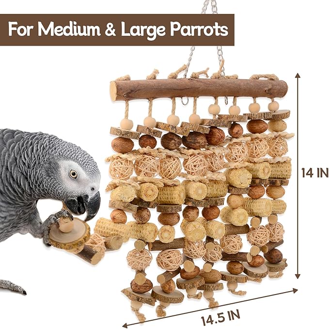 Macaw Toy, Parrot Toys for Large Birds, 14.5 Inch Extra Large Bird Chewing Toy Wall with Natural Wood, Corn Cobs and Rattan Balls, Hanging Foraging Cage Accessories for African Grey, Cockatoos