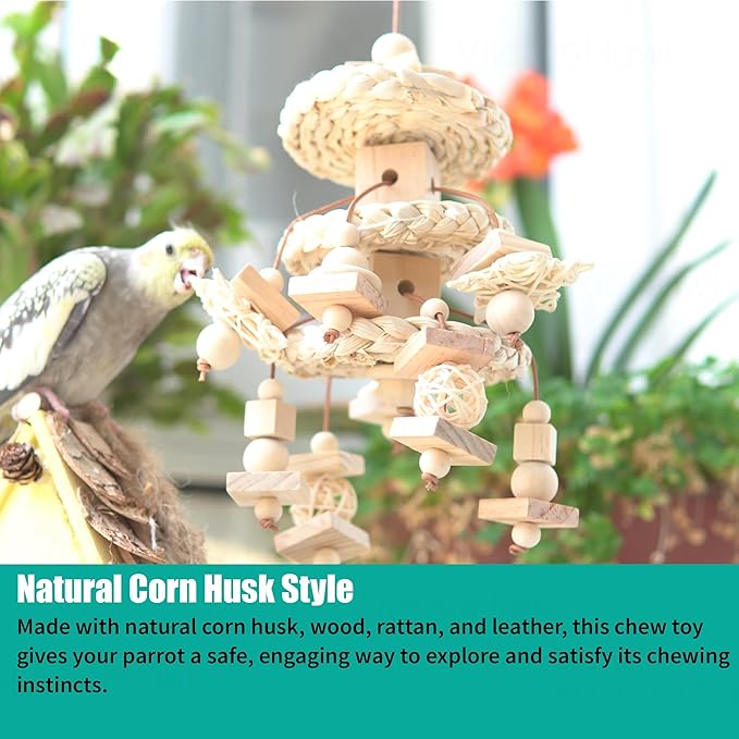 6 Pcs Natural Bird Toys for Parrots - Seagrass Swing, Loofah, Wood & Corn Husk Chew Toy Set - Shredding Enrichment Kit for Small to Medium Cockatiels, Parakeets, Conures, Budgies