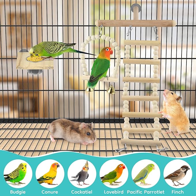 DBNESS Bird Perch Toys, Wooden Ladder Perch for Cage, Parrot Platform Stand Colourful Swing Hammock Climbing Bridge Exercise Cage Accessories for Budgies Cockatiels Lovebirds Hamster (5 in 1)