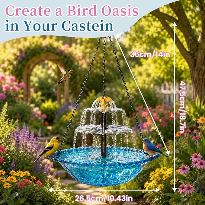 Solar Cascade Hanging Bird Bath Fountain, Large Plastic Bowl with Hanging Chain for Outside Garden Patio and Yard Decor (Blue)
