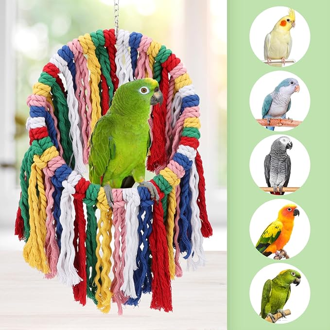 Wontee Bird Rope Chewing Toys Parrot Cage Bite Toys Colorful Hanging Ring Swing Perch for Cockatiel Conure Quaker African Grey Amazon Parrots