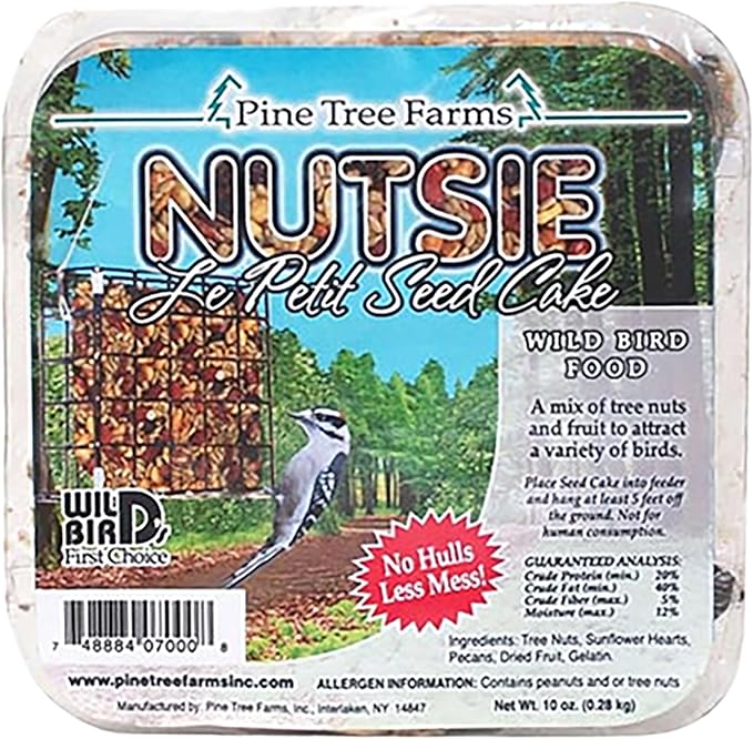 BestNest Pack of 12 Pine Tree Farms Le Petit Nutsie Seed Cakes – 10 oz. Wild Bird Food with Peanuts, Sunflower Hearts & Fruit – Fits Standard Suet Feeders