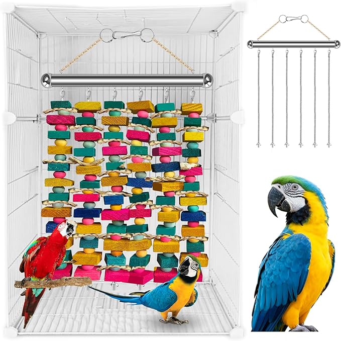 Large Bird Toys for Macaws, Stainless Steel Multicolored Wooden Blocks Bird Chewing Toy Parrot Cage Bite Toy for Macaws Cokatoos African Grey and Large Medium Parrot Birds