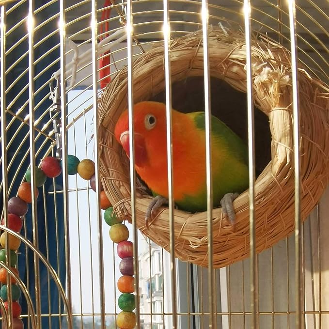 kathson 4PCS Straw Bird Nest Natural Fiber Birdcage Birdhouse Parrot Hideaway Shelter Hut Parakeet Perch Hanging Bell Toys for Small Finch Canary Lovebird Resting Breeding Playing