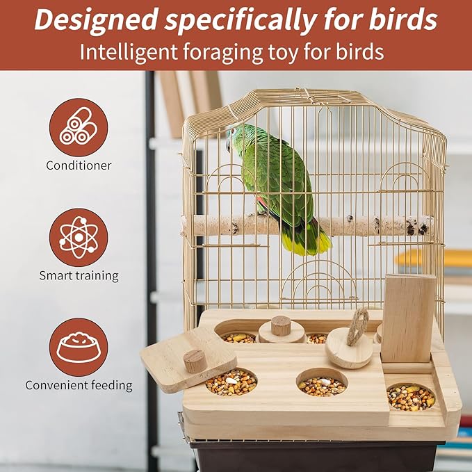 Wooden Bird Foraging Puzzle Toys for Small Parrots, Foraging Toys for Birds, Interactive Mental Enrichment and Seed Feeder Toy for Budgies, Parrotlets, Cage Foraging Training Toy (7.2" x 5.4" x 1.3")